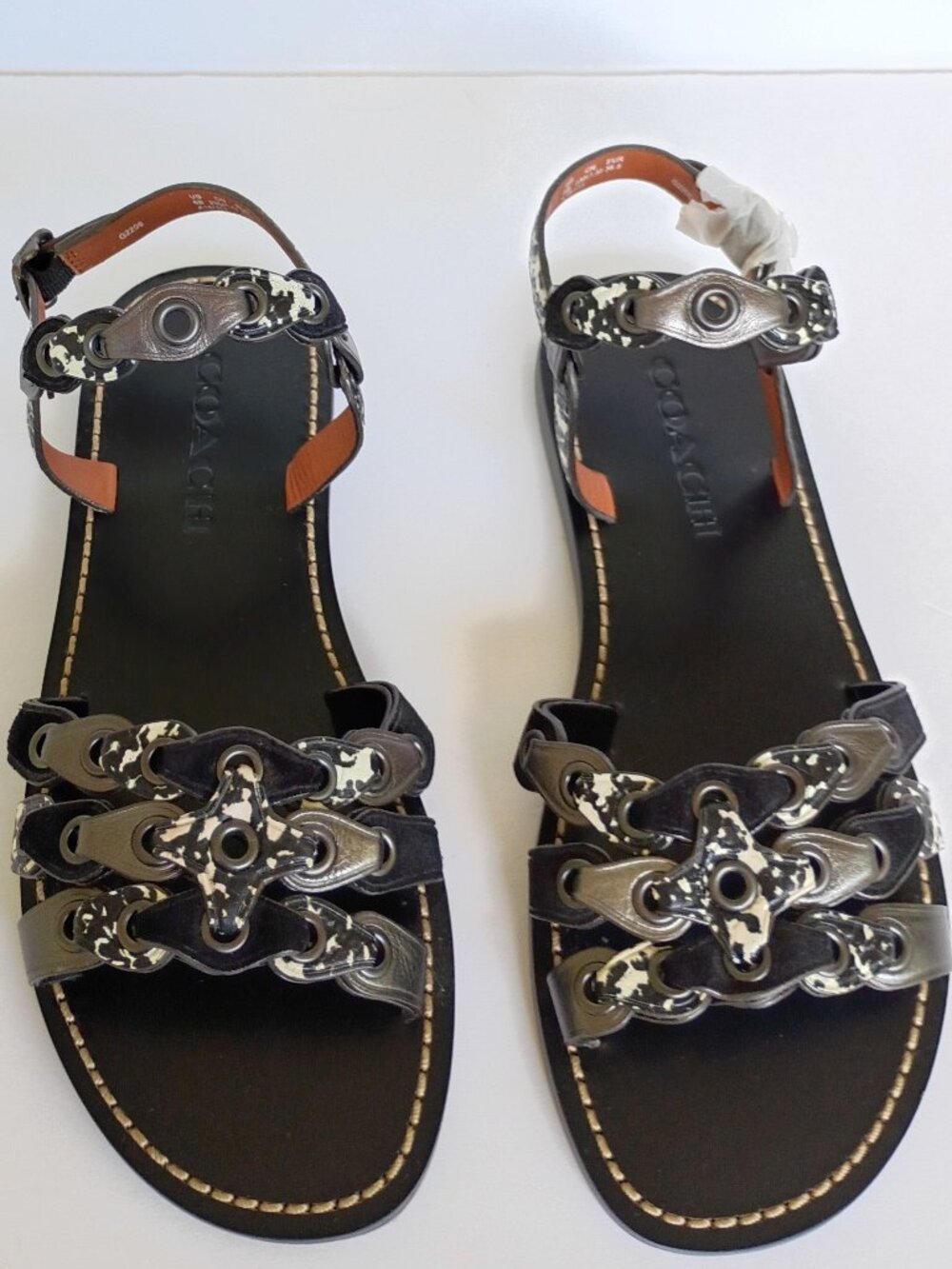 Coach Black Leather Gladiator Strappy Sandals Black/ White/Gunmetal Sz 6 NWOB